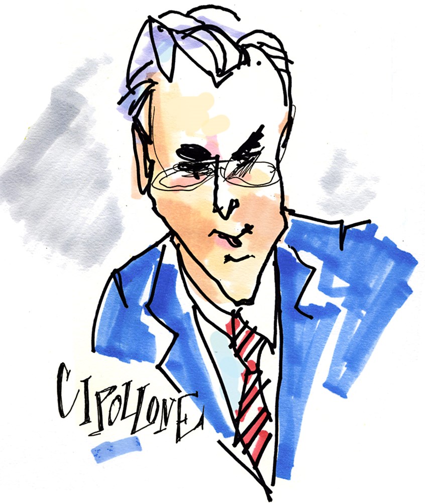 illustration of Cipollone, Trump lawyer in Impeachment Hearings. Quick marker sketch of political portrait from series,
