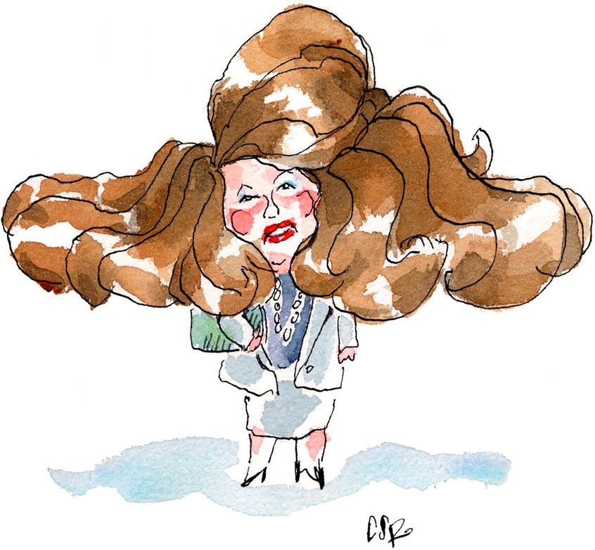 illustration of Pen & Ink and watercolor caricature of outgoing company administrator with very thick hair. Women portrait, women caricatures, pen & ink, black line with color, watercolor, humor, editorial, people, whimsical cartoon, cartoon , hair, big hair, women in suits,