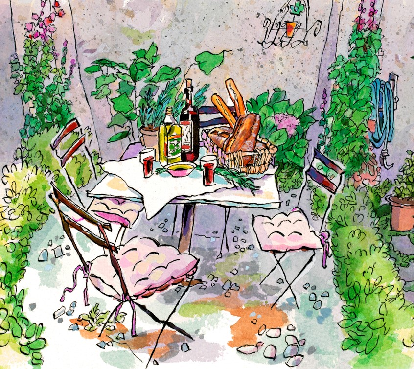 illustration of Pen&ink and watercolor illustration of dining in the garden. Table, chairs, wine, bread and olive oil/vinegar dip complete the outdoor snack. The romantic Italian garden of delights is filled with flowering plants and rock walls. A perfect retreat to wine and dine! One of 50 illustrations for the cookbook,
