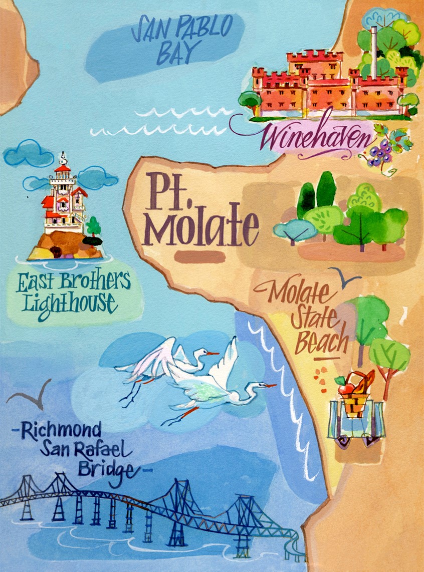 illustration of Map of Pt Molate, Ca for historical district book. Painting in watercolor and gouache of castle winery, coastline, island inn, botanicals and wildlife. Hand lettering and calligraphy. Cindy Salans Rosenheim illustration.