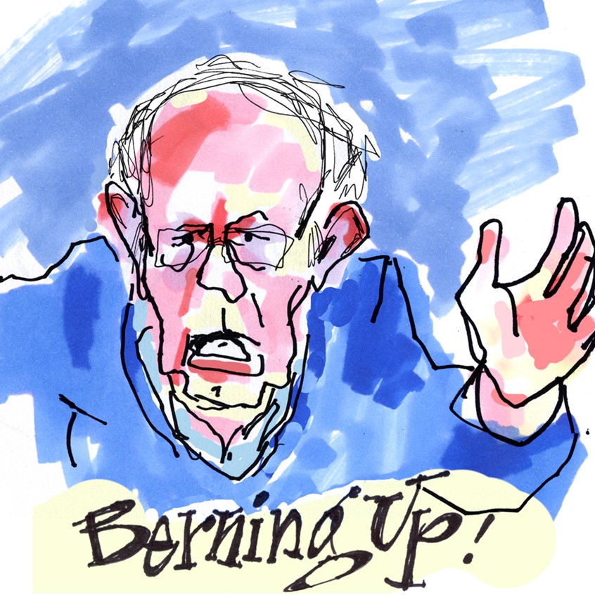 illustration of Live quick sketch of Bernie Sanders during town hall. From the series, SketchingFromMyTV. Black marker with colored markers :reds, yellows, blues and hand lettering added in the studio.