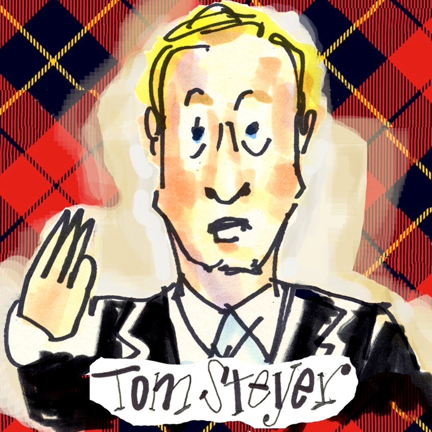 illustration of Candidate Tom Steyer at Democratic debate. Quick black marker sketch while watching the political show. From the series SketchingFromMyTV. Hand lettering, yellow and light brown markers and red plaid digital design added in the studio.