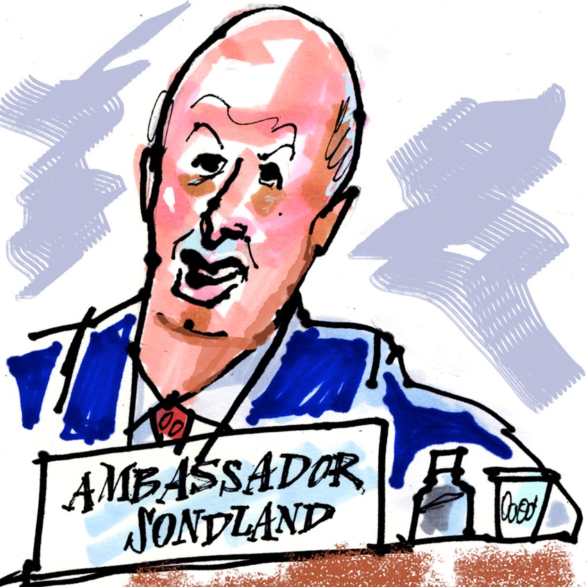 illustration of Quick marker drawing of Gordon Sondland in Impeachment testimony. From the series SketchingFromMyTV. Black marker sketch on site, marker blues and pinks and hand lettering added in the studio. Some digital.