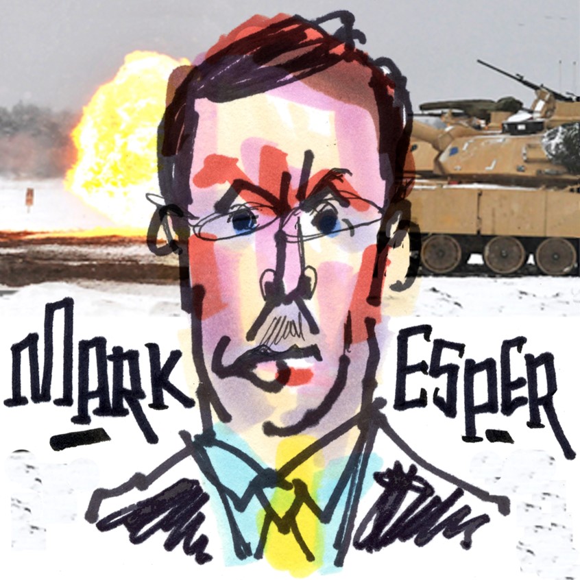 illustration of Quick caricature drawing of Mark Esper, former Secretary of Defense, speaking at Coronavirus Task Force meeting. From series, SketchingFromMyTV. Portrait and hand lettering in black marker with reds, pinks, greens and yellow marker. Digital additions in studio. tank, explosion, Simpsons, military, military men, rugged, war, combat, gun