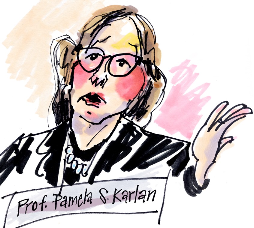 illustration of Quick sketch of Professor Pamela Karlan in testimony at Impeachment trial. From the series, SketchingFromMyTV. Fast drawing in black marker with marker flesh tones and hand lettering added in the studio.