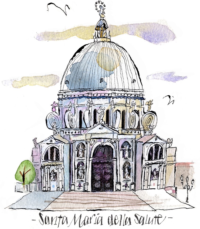 illustration of Architectural wonder, Santa Maria della Salute church ,in Venice, Italy.
On-site sketch in black and white pen and ink with watercolor highlights. Hand lettering in pen and ink.