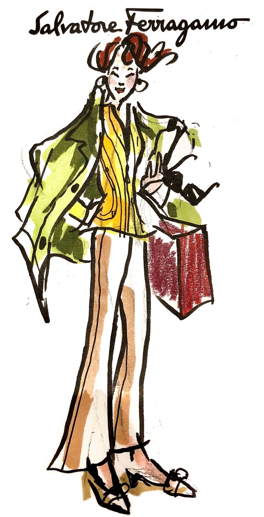 illustration of Quick, live-scribed 5 minute fashionista sketch of female customer at Ferragamo event. Black and colored markers and pencils on event postcards at point of purchase. Fashion illustration on-site--fast fashion illustration on site!