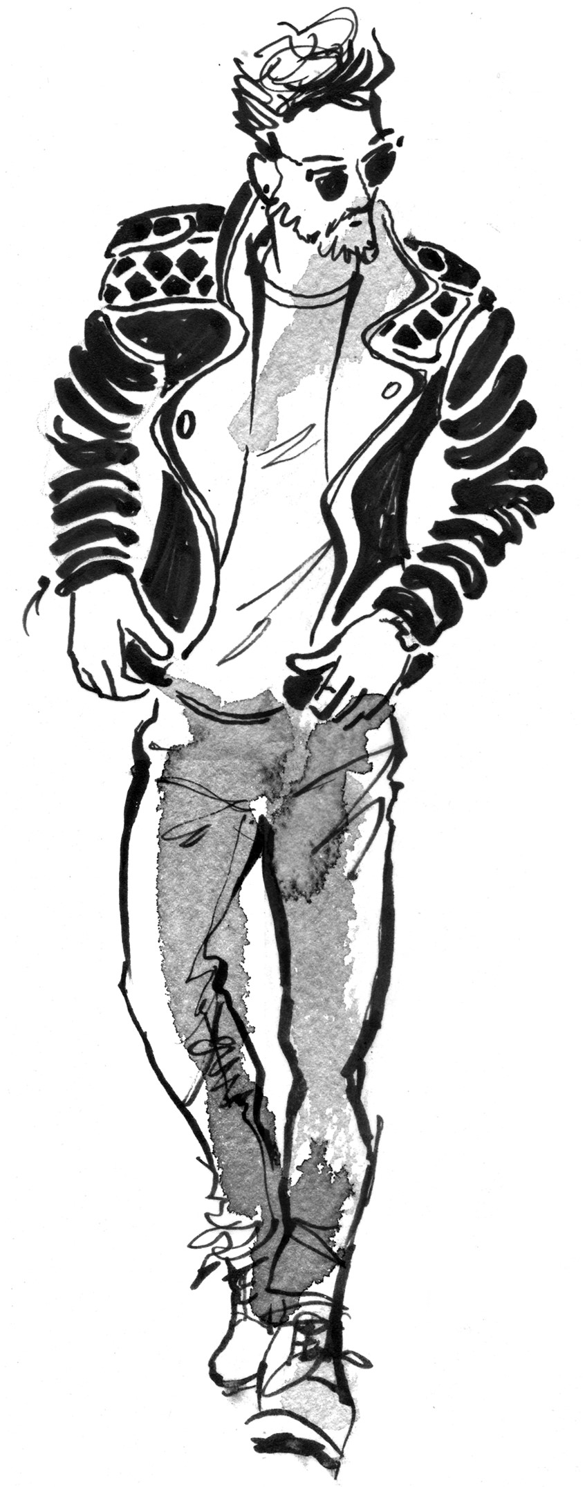 illustration of Bearded white male model in motion with jeans and racer black leather jacket. Black marker and black watercolor wash . Fashion illustration by Cindy Salans Rosenheim.
