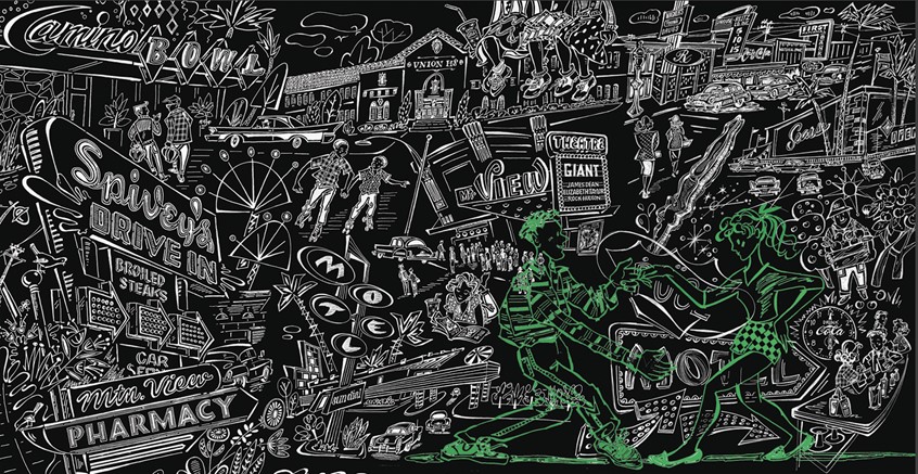 illustration of Elevator wallpaper mural linig 10 elevators in new Silicon Valley condo development. Black and white chalkboard style montage of street scenes from the 1960's.
Pen and ink reversed to white on black with green dancers as highlight. 18'w x 9'h. Cindy Salans Rosenheim, illustration.