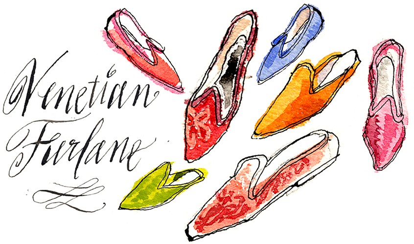 illustration of Italian fashion silk slippers in orange, blue, green and pink. Fancy calligraphy. Pen and ink and gouache illustration and hand lettering by Cindy Salans Rosenheim.