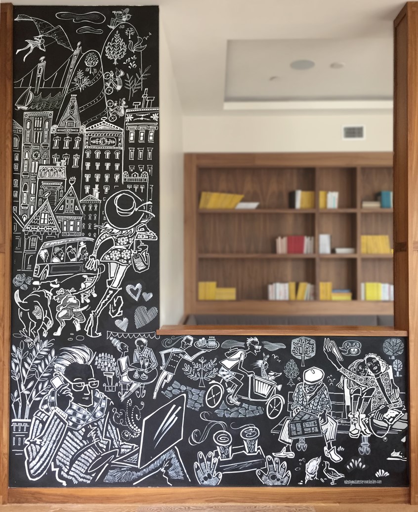 illustration of 11' tall L-shaped chalkboard wall featuring a montage of urban contemporary life in black and white line. Included are animated men, women, dogs, birds, There are waiters, diners, cyclists, dog walkers, laptop techies, children, and adolescents. they are hang gliding, dining in cafes, sitting in parks, reading, taking buses and checking phones. There are samples of fanciful urban architecture, bridges and oceans, and stylized trees, plants and flowers.
ChalkInks.