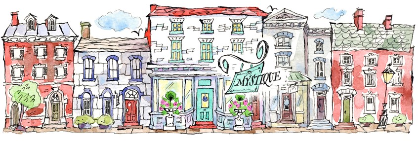 illustration of An historic street of charming architectural buildings and shops in old town Alexandria, Virginia. A pen & ink and watercolor illustration of colorful old buildings, lamp posts, plants, trees and ornamental store signage.