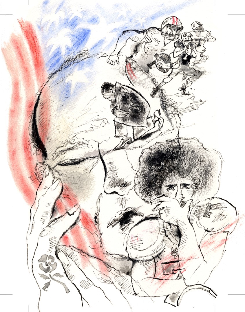 illustration of Pen and ink, watercolor and chalk drawing form a fictional story of a father's dying dreams. His passions were for civil rights and for football; Colin Kaepernick embodying both.
A collage of portraits including a sleepy old man resting on hands and Colin Kaepernick; plus a kneeling black activist and sports football plays.
Illustration for Kaepernick-themed book by Eric Burin, Univ of North Dakota Press