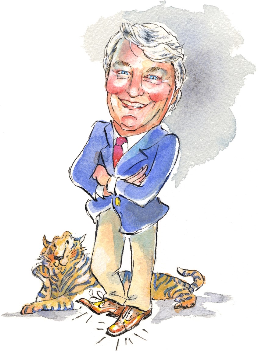 illustration of Watercolor and pen&ink portrait of outgoing headmaster and school mascot. Caricature of a white-haired, cheerful, preppy middle-aged man and his school's animated cartoon-like tiger.
Blue blazer and khaki pants, red tie, and blue and yellow striped tiger