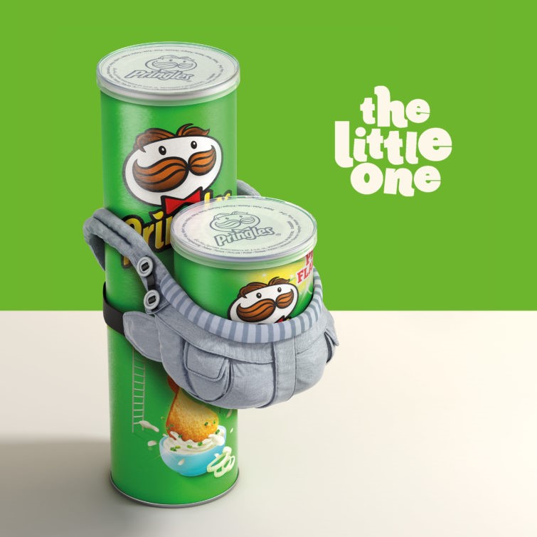 illustration of packaging, FMCG, CGI, 3D, photorealistic, photoreal, fashion, fashion and beauty, smooth, shiny, texture, branding, advertising, premium, product, poster, retail, pack shot, texture, branding, drips, studio, lighting, chips, crisps, papoose, children, baby, games, humour, Pringles, family, parenting, icon, iconic,