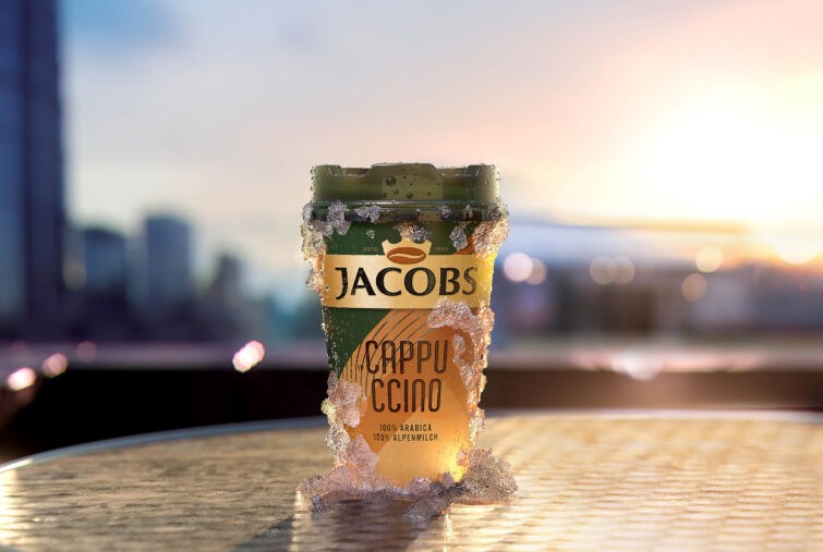 illustration of packaging, FMCG, CGI, 3D, photorealistic, photoreal, fashion, fashion and beauty, smooth, shiny, texture, branding, advertising, premium, perfume, product, poster, retail, pack shot, liquid, fluid, texture, branding, drips, studio, lighting, coffee, drink, nature, sunlight, bottle, brand, refreshing, ice, icy, cold, table, city, urban, winter,