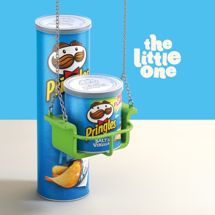 illustration of packaging, FMCG, CGI, 3D, photorealistic, photoreal, fashion, fashion and beauty, smooth, shiny, texture, branding, advertising, premium, product, poster, retail, pack shot, texture, branding, drips, studio, lighting, chips, crisps, swing, children, baby, games, humour, Pringles, family, parenting,