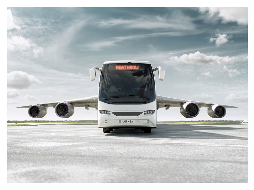 illustration of coach, airport, airplane, travel, aviation, 3D, CGI, branding, advertising, transportation, transport, holiday, wings, runway, adventure, outdoor, skies, luxury, industrial, technology, engines, turbines, clouds, vista, nature, environment, montage,