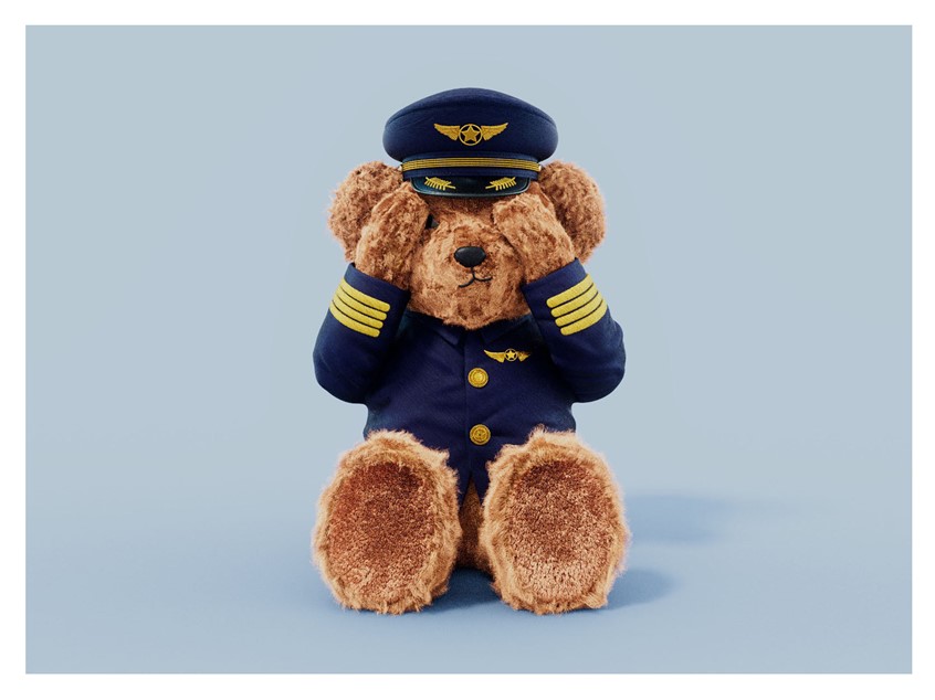 illustration of teddy, teddy bear, toy, children, kid, baby, scared, apprehensive, pilot, airline, uniform, travel, advertising, branding, aeroplane, transport, transportation, humour, family, adventure, travel, holiday, vacation, airport, runway, fur, furry, soft toy, paws, braid, medal, texture, lighting, cap, jacket, clothing, CGI, 3D, leisure, lifestyle,