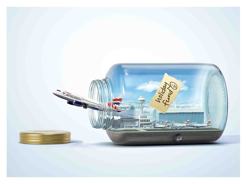 illustration of holiday, travel, vacation, family, aeroplane, runway, take off, fun, adventure, jar, bottle, airport, branding, livery, advertising, urban, city, exciting, excitement, hope, editorial, branding, plane, transportation, technology, global, world, British airways, escape,