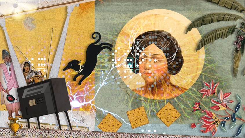 illustration of A series of editorial illustrations for Wellcome Collection's online publishing platform, coinciding with articles on a female's perspectives of epilepsy based in South India. Dog, TV, woman, man, seizure, indian people, indian man, plants, trees, architecture, indian culture, green, yellow, design, home, archives, epilepsy, disorder, neurology, human, sensations, medication, condition, brain, genes, brainwaves, pharmaceutical, nervous system, treatment, surgery, non profit organisation, museum