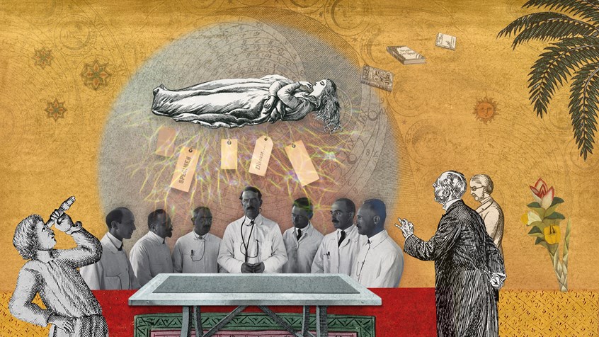 illustration of A series of editorial illustrations for Wellcome Collection's online publishing platform, coinciding with articles on a female's perspectives of epilepsy based in South India.
Woman, men, doctors, doctor, medical, hospital, examine, plants, trees, tags, astrology, sun, books, stars, floating, out of body, medical, seizures, indian, archives, disorder, neurology, human, sensations, medication, condition, brain, genes, brainwaves, pharmaceutical, nervous system, treatment, surgery