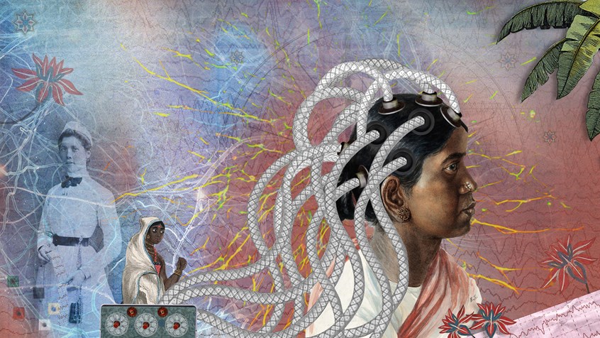 illustration of A series of editorial illustrations for Wellcome Collection's online publishing platform, coinciding with articles on a female's perspectives of epilepsy based in South India.
Woman, nurse, doctor, medical, hospital, EEG, examine, trees, flowers, trace, design, flowers, waves, technology, body, head, Indian, mother, editorial, seizures, archives, disorder, neurology, human, sensations, medication, condition, brain, genes, brainwaves, pharmaceutical, nervous system, treatment, surgery, museum