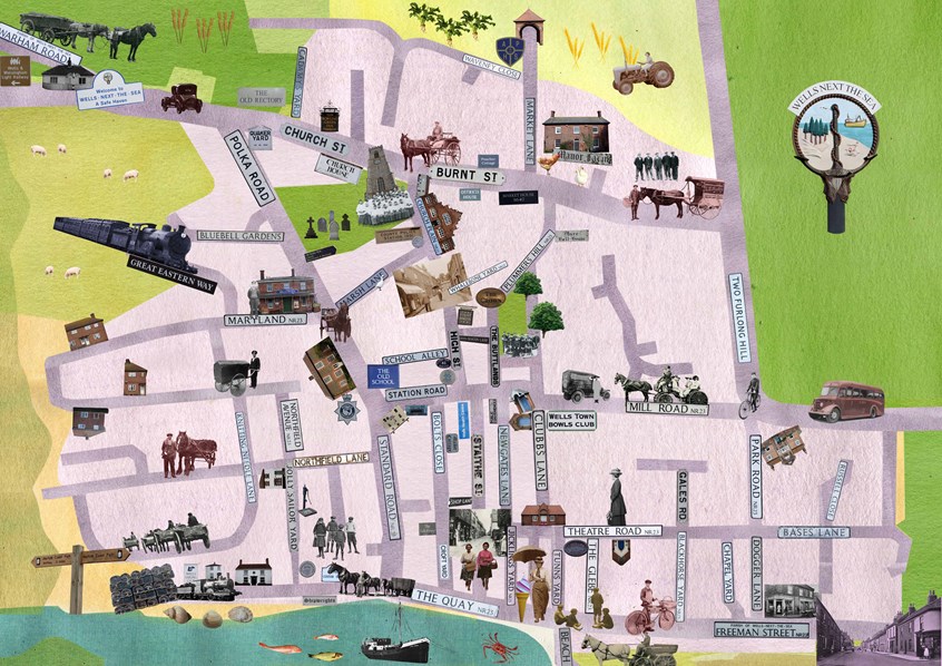 illustration of Water Marks looked at 150 years of local history, using archival materials (oral history, imagery & footage), own photography, footage and textures. The heritage film was commission by Wells Maltings Trust. United Kingdom, UK, map, land, roads, signs, sea, harbour, town, coastal, coast, Norfolk, road names, textures, photo montage, collage, cartography, town, village, museum, heritage, city, plan, survey, borough, county, state, country, countryside