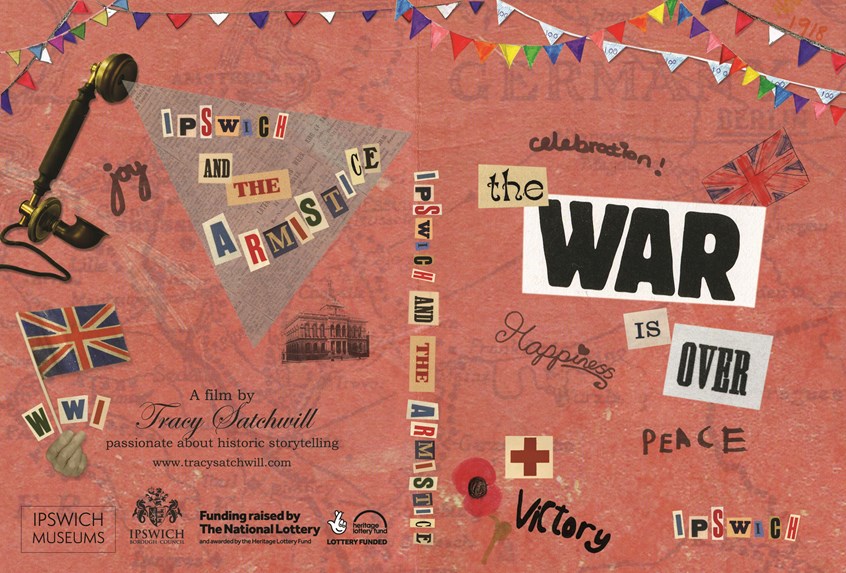 illustration of The War is Over film focuses on the home front, looking at how local people respond emotionally to the ending of WWI. The project engaged with the community, through interviews and workshops. The film was commissioned by Ipswich Museum and funded by the Heritage Lottery Fund. The Great War, The first World War, DVD cover design, collage, archives, poppy, bunting, flags, union jack, WWI, red cross, dada, dadaism, handwriting, telephone, vintage Edwardian