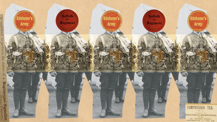 illustration of The War is Over film focuses on the home front, looking at how local people respond emotionally to the ending of WWI. The project engaged with the community, through interviews and workshops. The film was commissioned by Ipswich Museum and funded by the Heritage Lottery Fund. The Great War, The First World War, WWI, soldiers, army, gun, Kitchener's Army, collage, archive, montage, text, texture,history, storytelling