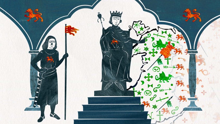 illustration of Llywelyn the Last retells the story of the last Welsh prince of Wales through silhouette animation and is projected on the walls of Chirk Castle dungeon. The project was commissioned by the National Trust. King, throne, map, symbols, knight, chair, steps, lion, blue, orange, ink, land, territory