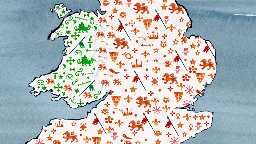 illustration of Llywelyn the Last silhouette animation commissioned by National Trust. Map, England, United Kingdom, symbols, lion, dragon, blue, sea, cartography, flags, town, shield, Welsh, English, Great Britain, Flys de lys, stars, flowers, rose, arrow, swords, horn, green, orange, territory, non-for-profit organisation, nonprofit institution, nonprofit organisation, organization, NPO, social cause, charity, museum, heritage, charitable