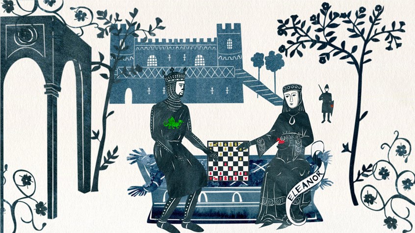 illustration of Llywelyn the Last animation commissioned by National Trust. Castle, courtyard, Medieval, dungeon, chess, knight, princess, lady, history, heritage, storytelling, narrative, story, trees, silhouette animation, collage animation, non-for-profit organisation, nonprofit institution, nonprofit organisation, organization, NPO, social cause, charity, heritage, museum