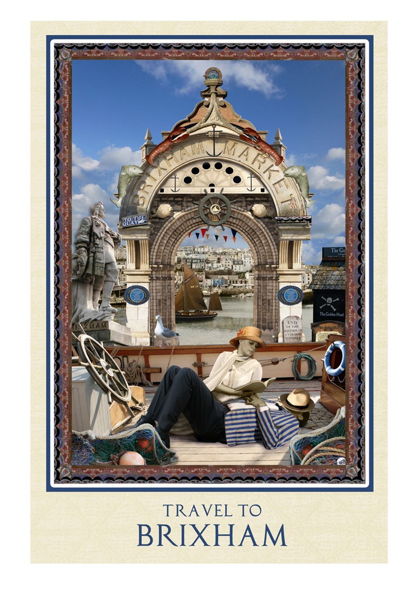 illustration of A series of nostalgic travel posters which captures the spirit of excursion in the early 20th century. Poster design, travel, seaside, coast, beach, pier, harbour, port, fishing, boats, mooring, architecture, statues, seagulls, bucket and spade, vintage, sightseeing, excursion, day trip, sunbathing, sea bathing, shore, sea, swimming, seafront, seashore, Devon, Brixham, British seasides, holiday resorts