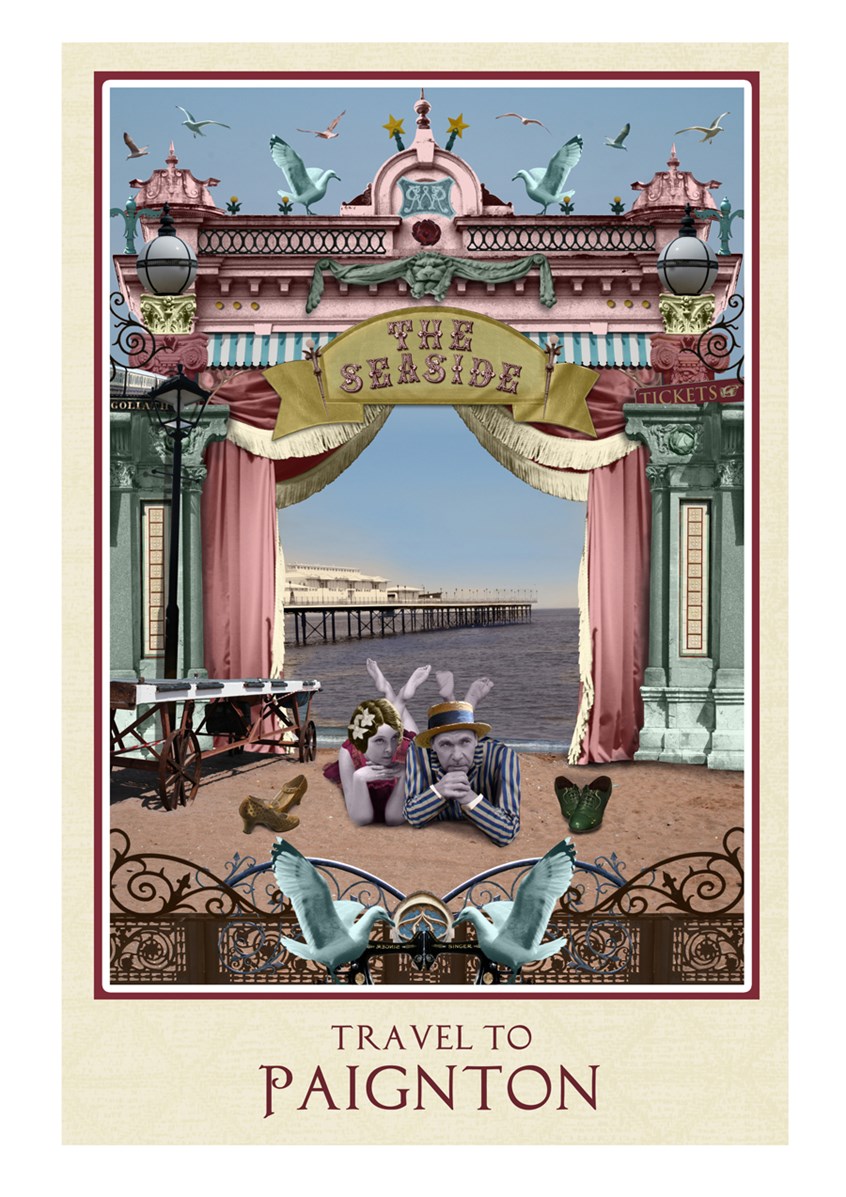 illustration of A series of nostalgic travel posters which captures the spirit of excursion in the early 20th century. Poster design, travel, seaside, coast, beach, pier, seagulls, bucket and spade, vintage, sightseeing, excursion, day trip, sunbathing, sea bathing, shore, sea, swimming, seafront, seashore, Devon, Paignton, British seasides, holiday resorts