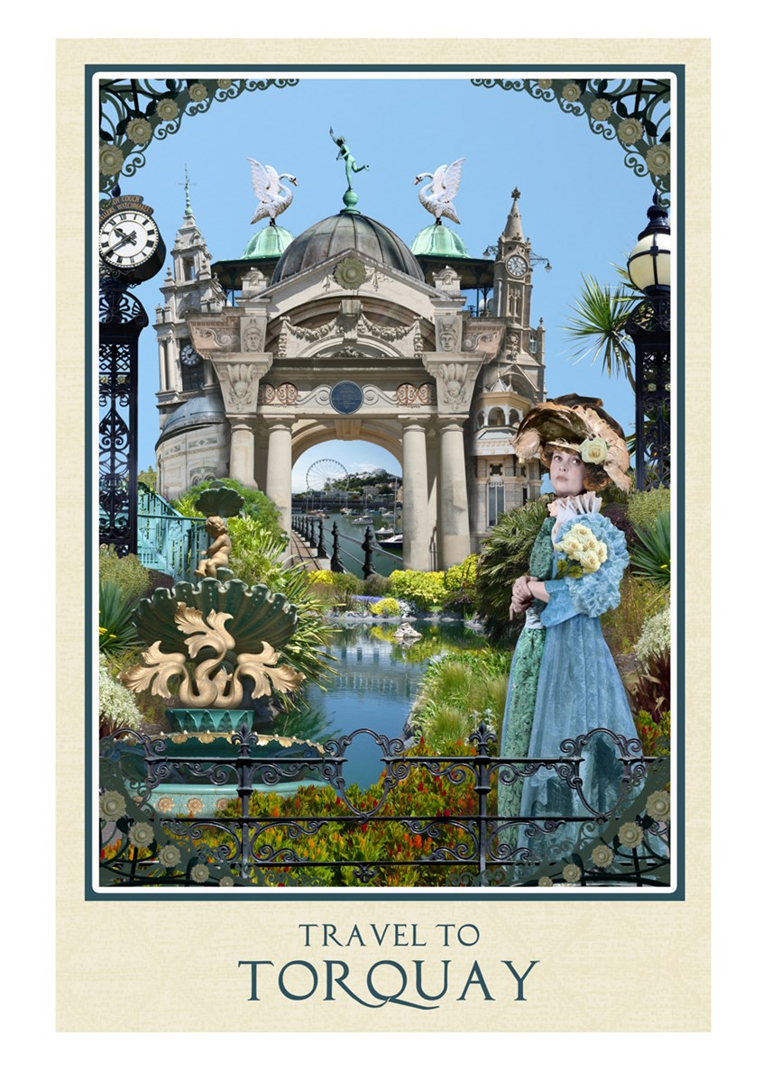 illustration of A series of nostalgic travel posters which captures the spirit of excursion in the early 20th century. Poster design, travel, seaside, coast, beach, lake, pond, harbour, port, architecture, palm trees, seagulls, vintage, sightseeing, excursion, day trip, shore, sea, swimming, seafront, seashore, Devon, Torquay, British seasides, holiday resorts, Edwardian, promenade, English Riviera