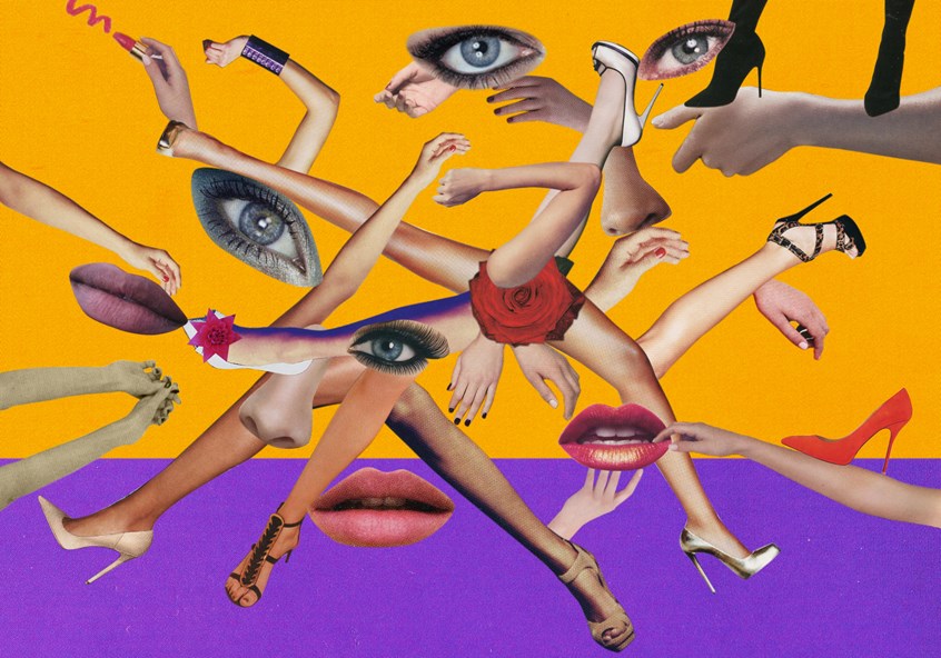 illustration of Still for an experimental animation on the Goddess of a 100 years. Collage, montage, magazine. women, lips, limbs, lipstick, flowers, botox, eyes, make up, shoes, stilettos, sandals, beauty, nose, faces, perfection, hands, boots, fashion, modern, contemporary, style, legs, magazine cuttings, physical, natural, vogue, trend, mode, fad