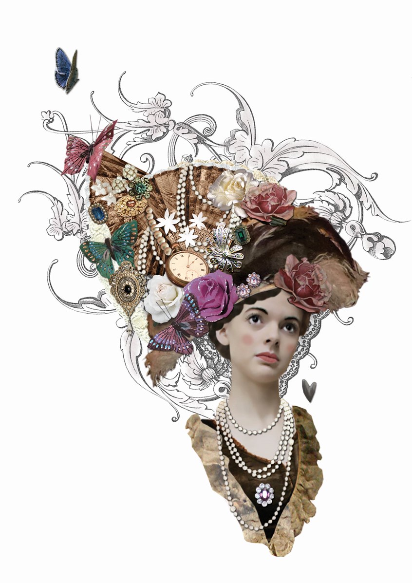illustration of Vintage Woman. lady, Victorian, Edwardian, head, flowers, necklace, pearls, beads, hear, butterfly, jewels, hat, clock, stars, brooch, rose, photo illustration, collage, design, archives, vintage, feminine, design for bags, cards, iphone covers, era, epoch, style, fashion, beauty, genteel, demure, modest, female, girl