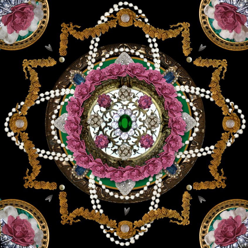illustration of A sample of an album cover design. Jewellery, gems, rich, luxury, luxurious, gold, wealth, black, emerald, pearls, jewels, pattern, opulence, extravagance, jewlry, brooch, necklace, gold, silver, ornament, earrings, bracelet, roses, flowers