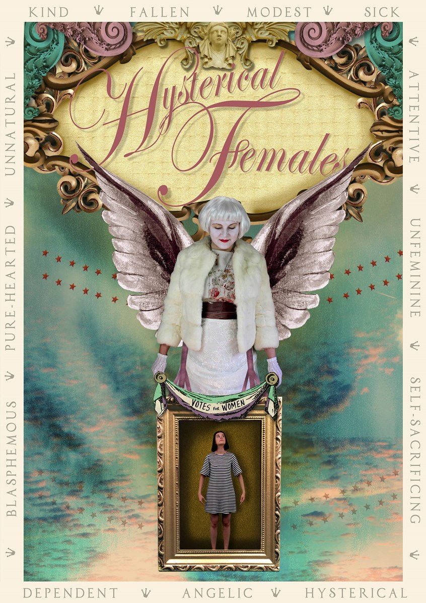 illustration of Poster design for the film Hysterical Females, marking the 100th anniversary of women’s suffrage. Suffragettes, suffragists, women's suffrage, women, women's studies, women's history, women's rights, women's liberation, equal rights, feminism, women's lib, movement, womanism, votes for women, angel, wings, female, woman, girl, sky, yellow, blue, poster design, film poster, design, lettering, retro, vintage, oppression, perspectives, viewpoints, saviour, rescue, freedom, liberation, emancipation