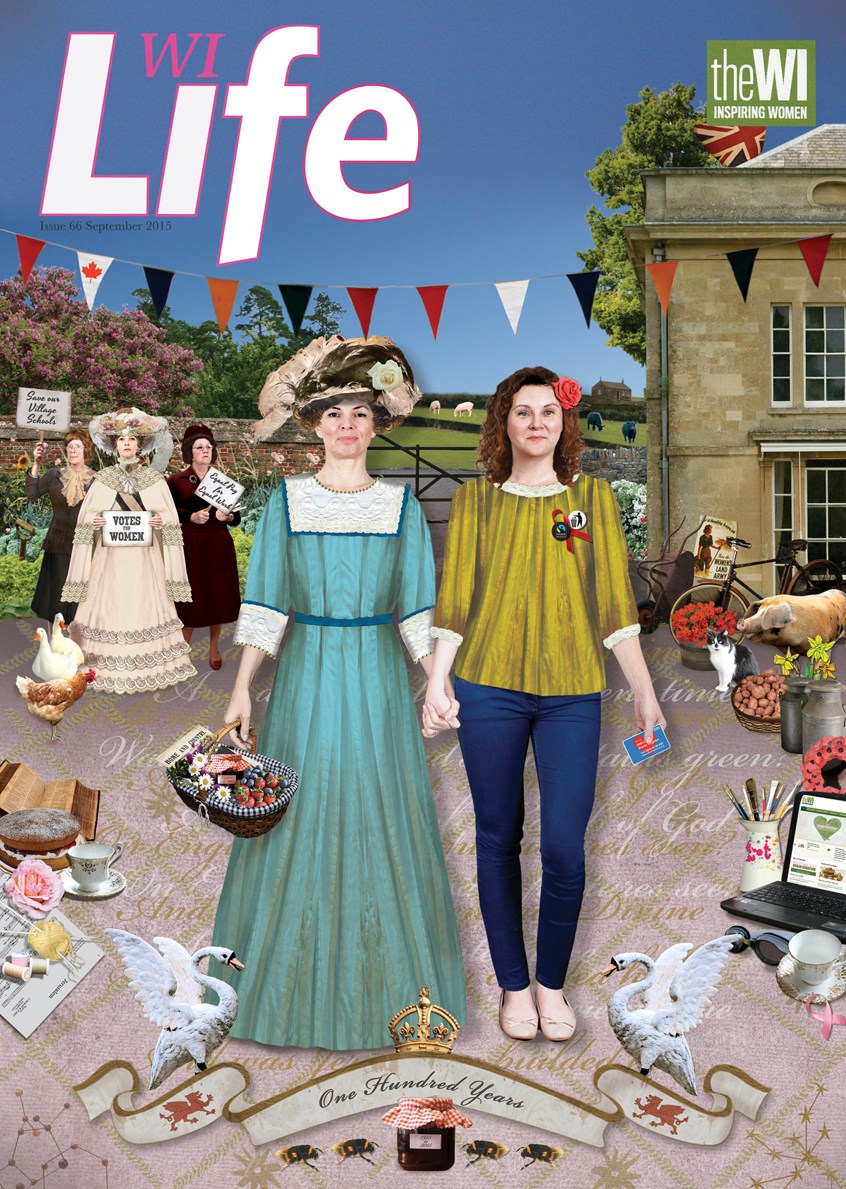 illustration of Commissioned by Women's Institution to design the front cover of their magazine, which marks their centenary. Magazine cover, WI, Edwardian, centenary, celebration, bunting, farm, bike, bicycle, produce, gardening, protest, duck, chicken, suffragette, poppy, books, paint brush, jam, pig, cat, knitting, bees, swan, cake, sponge, daffodils, milk, sheep, computer, dragon, National Federation of Women's Institute, community-based organisation, women, sisterhood
