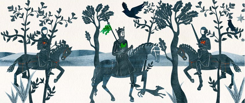illustration of Llywelyn the Last animation commissioned by the National Trust. Horse, Medieval, Dog, Landscape, Blue, Bird, Trees, Knight, Armour, Battle, plants, swords, flag, non-for-profit organisation, nonprofit institution, nonprofit organisation, organization, NPO, social cause, charity, heritage, museum, knight, history, storytelling, narrative, story, trees, silhouette animation, collage animation,