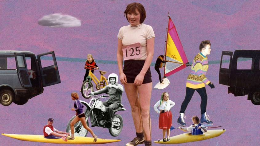 illustration of A film focusing on Scunthorpe Youth Centre, UK, using archival materials and recorded dialogue from Scunthorpe memories group. The animation was commissioned by North Lincolnshire Museum. Van, Children, youth, activities, lifestyle, canoe, kayak, motobike, sailing, running, outdoor activities, active, skating, youth club, texture cloud, collage, purple