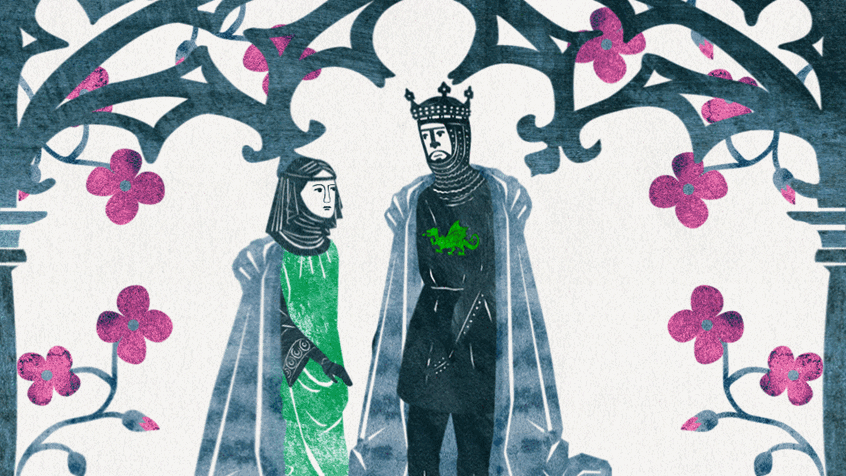 illustration of Llywelyn the Last animation commissioned by the National Trust. Church, couple, roses, flowers, arch, love, Medieval, wedding, costume, ink, blue, pink, dragon, non-for-profit organisation, nonprofit institution, nonprofit organisation, organization, NPO, social cause, charity, heritage, museum, knight, princess, lady, history, heritage, storytelling, narrative, story, trees, silhouette animation, collage animation,