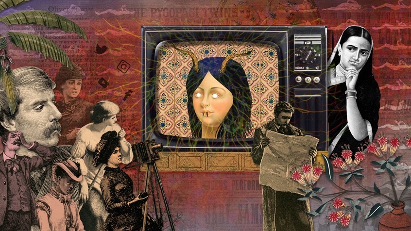 illustration of A series of editorial illustrations for Wellcome Collection's online publishing platform, coinciding with articles on a female's perspectives of epilepsy based in South India. TV, woman, man, seizure, plants, trees, culture, stigma, archives, epilepsy, disorder, neurology, human, sensations, medication, condition, brain, genes, brainwaves, pharmaceutical, nervous system, treatment, surgery, western society, non profit organisation, NPO, museum