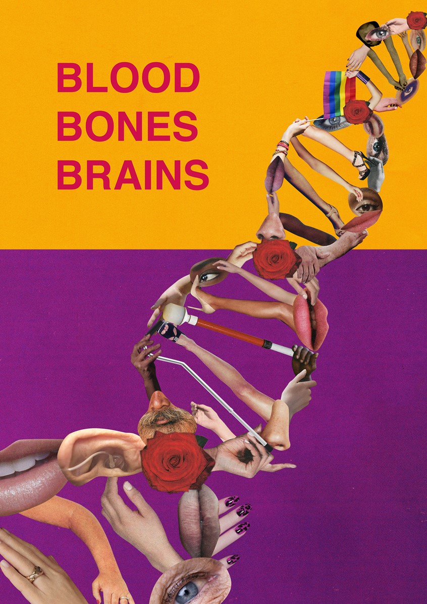 illustration of A poster design for an art exhibition on social inclusion referring to an article stating that we all have 99% the same DNA. This is a double helix made out of human parts, trying to cover the different social groups. Society, social inclusion, social integration, diversity, chromosomes, DNA, medical illustration, human parts, limbs, facial features, diverse groups, race, ethnicity, gender, sexual orientation, socio-economic status, age, physical abilities, religious beliefs,