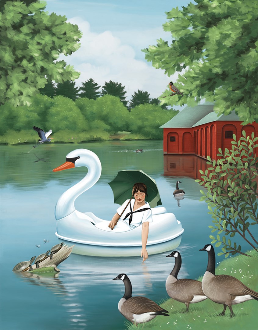 illustration of A young woman in a sailor suit with parasol paddles a swan boat on a quiet pond, surrounded by wildlife, Canada geese, turtles, great blue heron, robin