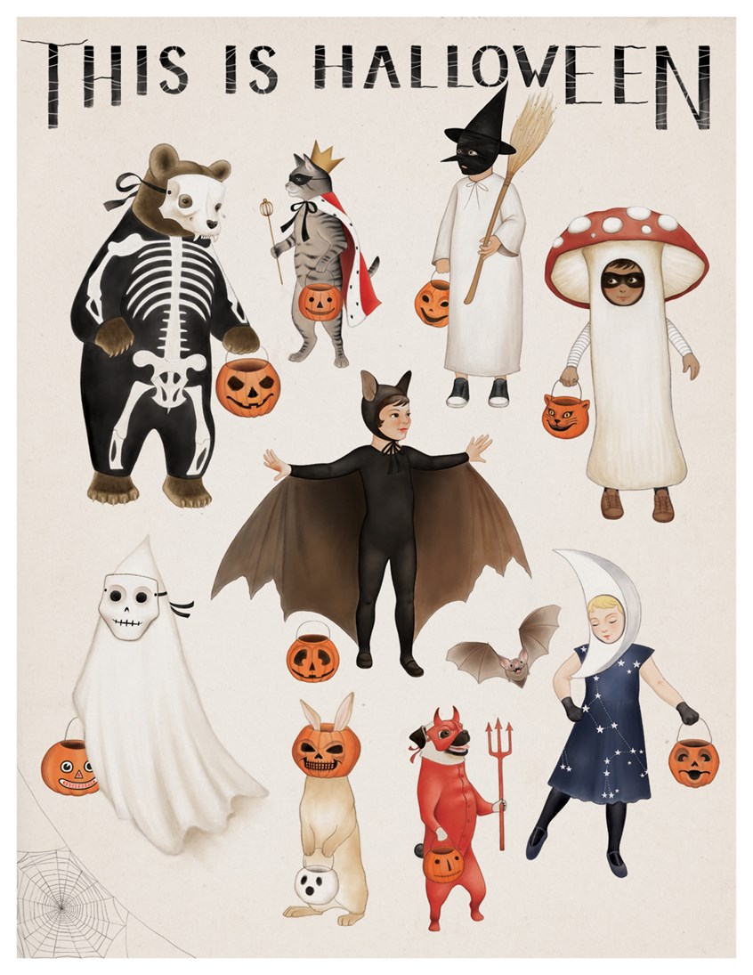 illustration of An arrangement of children and animals wearing vintage style Halloween costumes - bat, skeleton, ghost, mushroom, moon, devil, witch, king