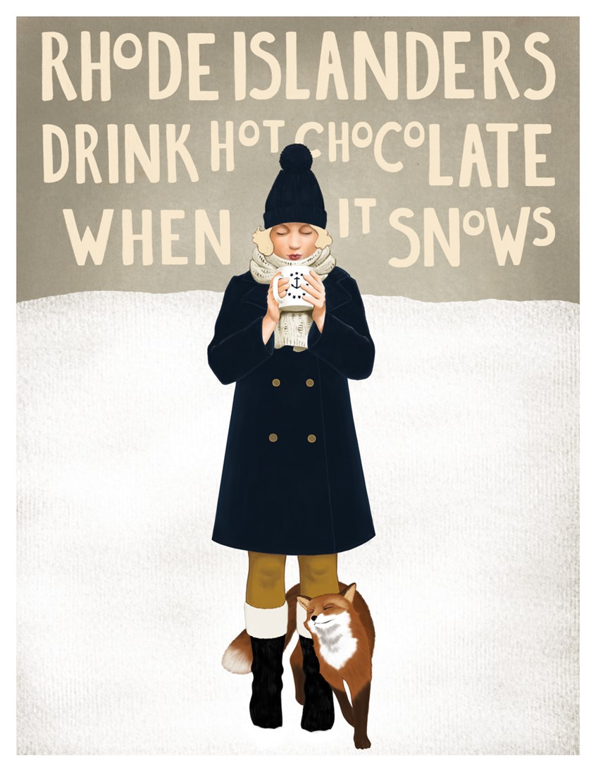 illustration of A young blond woman in winter coat and hat blows on her hot chocolate, a red fox at her feet, wintry background, retro style lettering