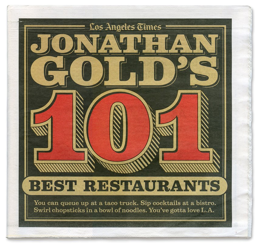 illustration of Typographic cover with Rolling Stone-like numbers. CLIENT: Los Angeles Times. ART DIRECTOR: Michael Whitley.
jonathan gold, cocktails, bistro, best, 100, 101, 10, los angeles, LA